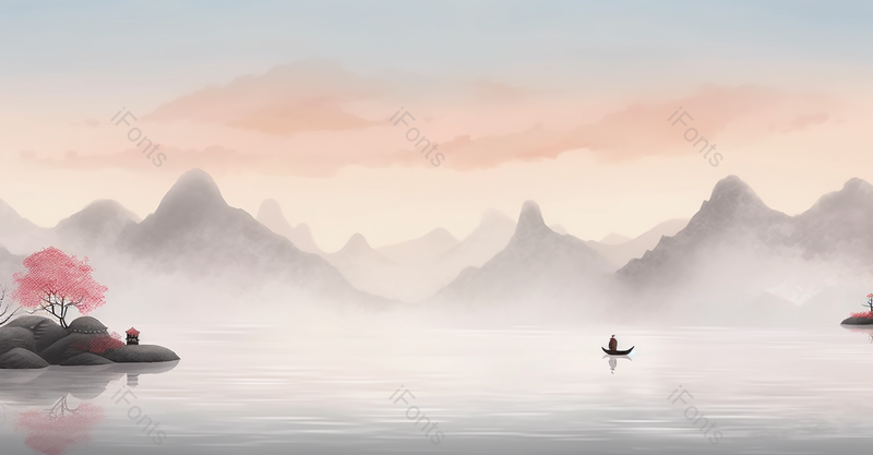 中国风质感山水画油画风景艺术背景插画黄色背景落日余晖,插画/手绘图,插画/手绘图库,插画/手绘图下载,插画/手绘